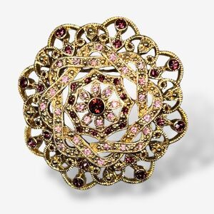 Gold Filigree Brooch pin round floral design pink red rhinestones 2" dia
